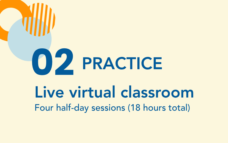 Practice: live virtual classroom. Four half-day sessions.